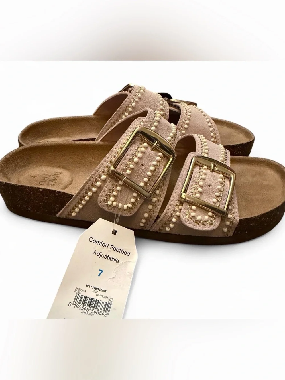 Time and Tru Pink Double-Buckle footbed Studded Slide Sandals